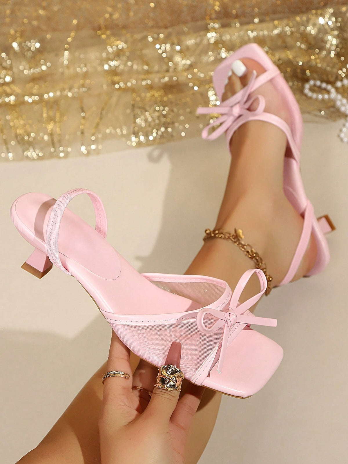 Square toe thin heel thong sandals for women featuring an open toe, bowknot detail, and slip-on slingback design.