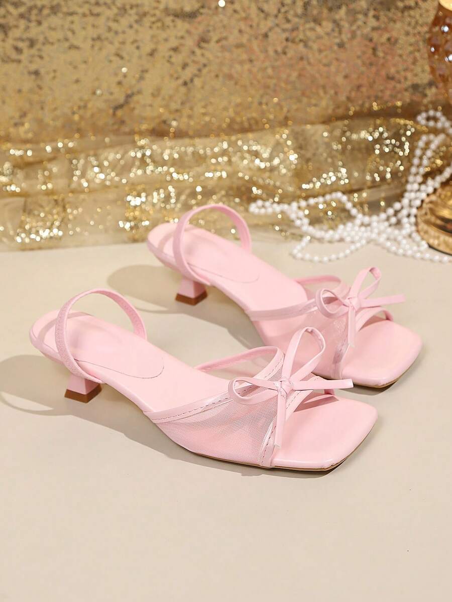 Square toe thin heel thong sandals for women featuring an open toe, bowknot detail, and slip-on slingback design.