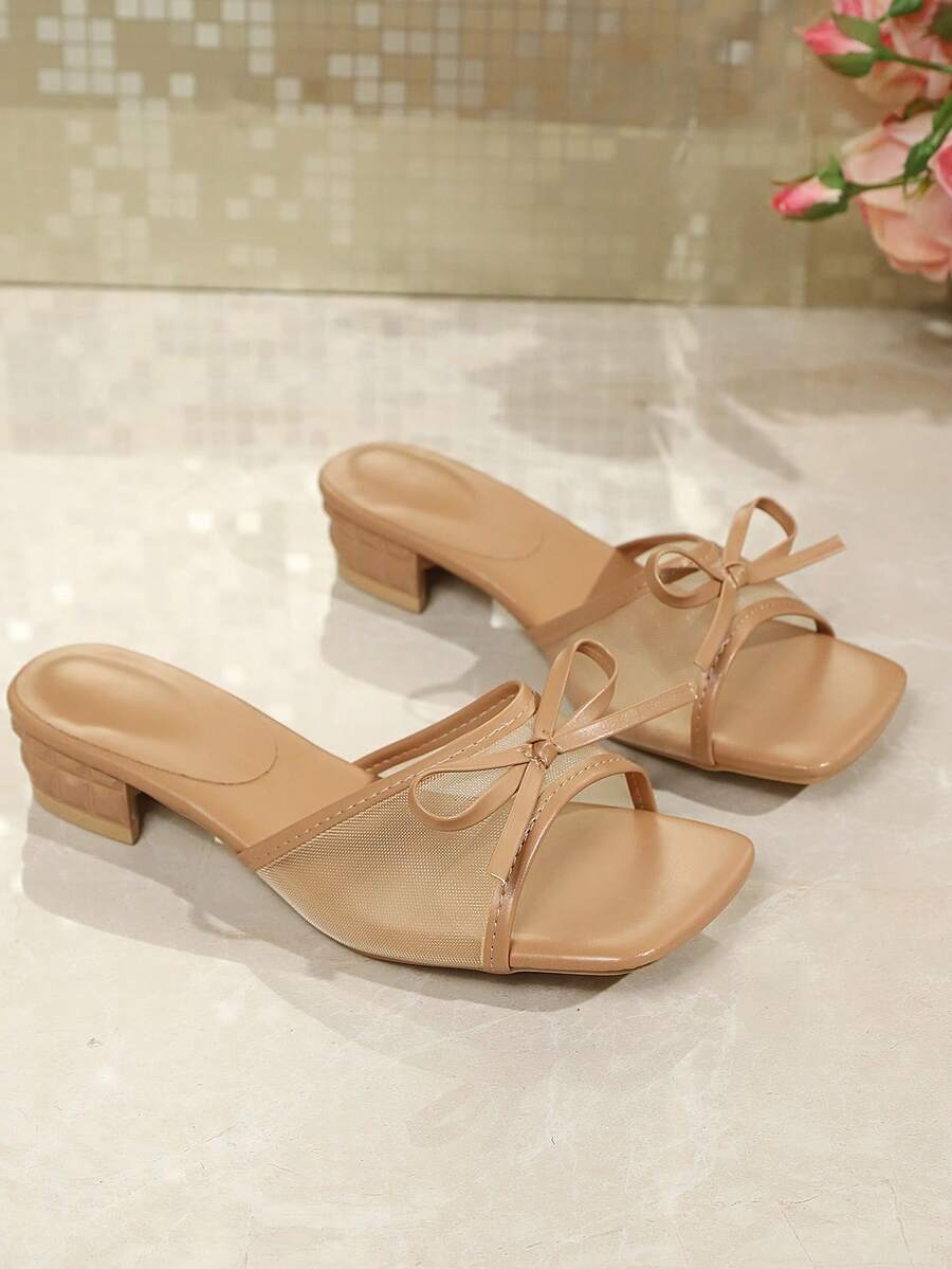 Square toe thin heel thong sandals for women featuring an open toe, bowknot detail, and slip-on slingback design.