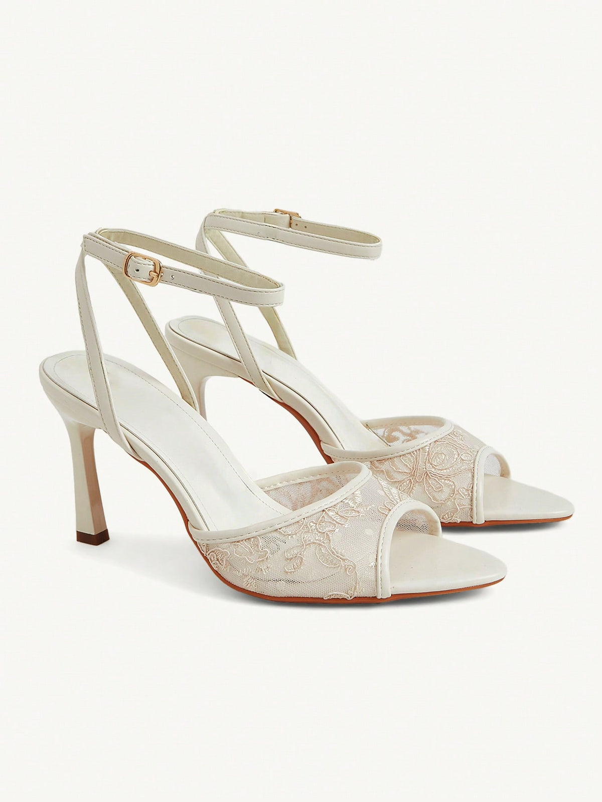 Women's open toe high heel sandals with lace mesh upper, stiletto heel, and ankle strap closure.