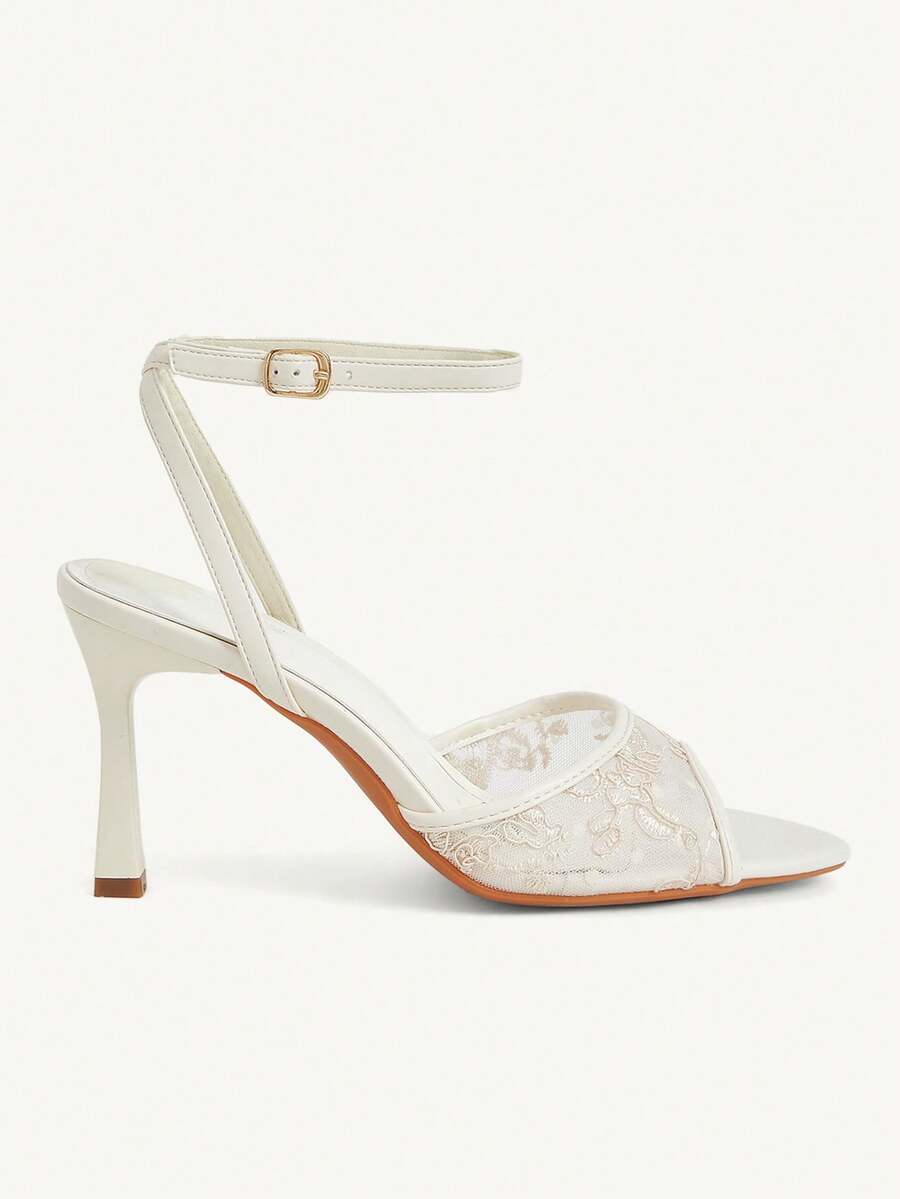 Women's open toe high heel sandals with lace mesh upper, stiletto heel, and ankle strap closure.