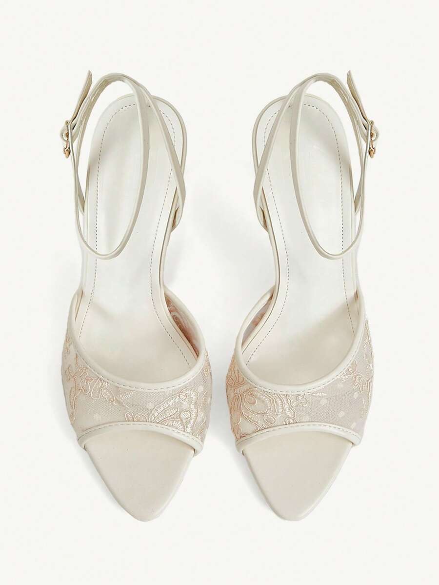 Women's open toe high heel sandals with lace mesh upper, stiletto heel, and ankle strap closure.