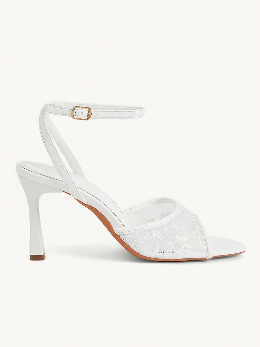 Women's open toe high heel sandals with lace mesh upper, stiletto heel, and ankle strap closure.