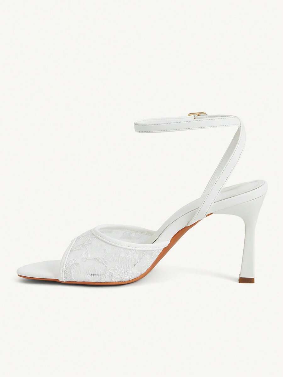 Women's open toe high heel sandals with lace mesh upper, stiletto heel, and ankle strap closure.