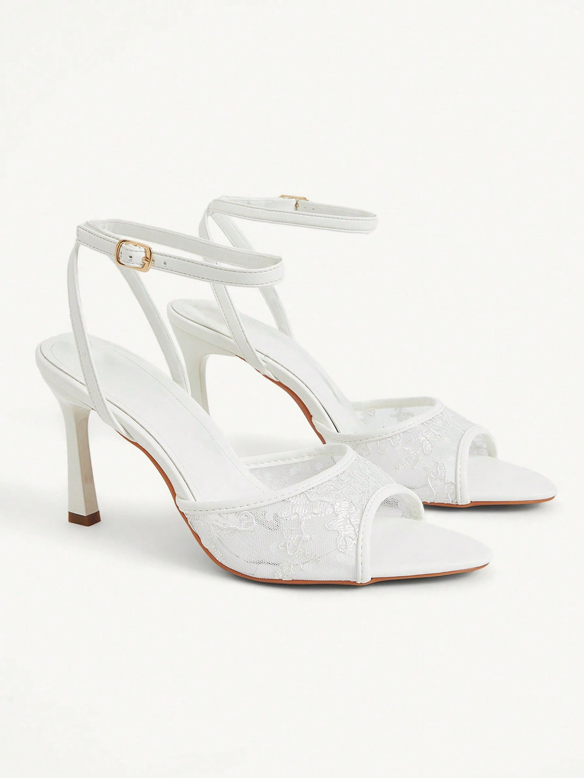 Women's open toe high heel sandals with lace mesh upper, stiletto heel, and ankle strap closure.