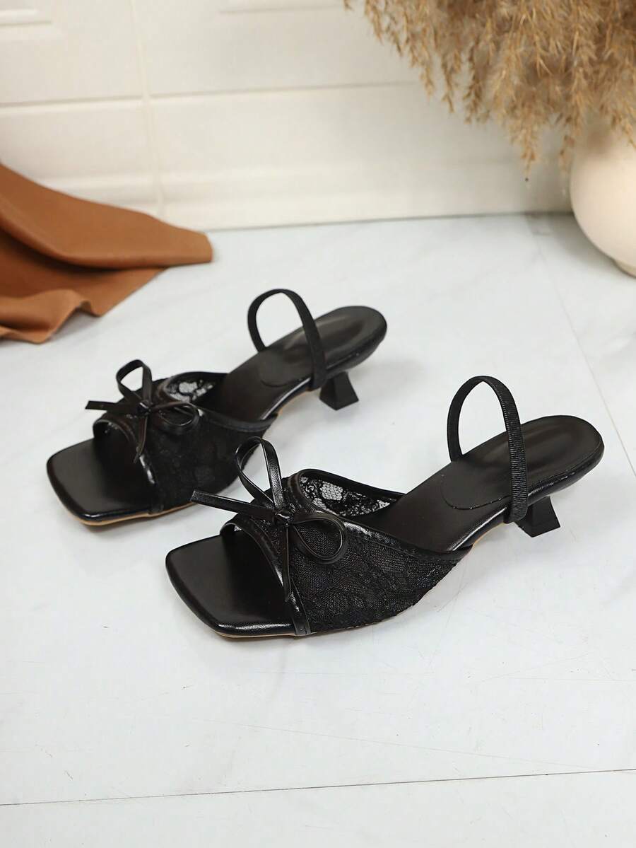 Square toe thin heel thong sandals for women featuring an open toe, bowknot detail, and slip-on slingback design.