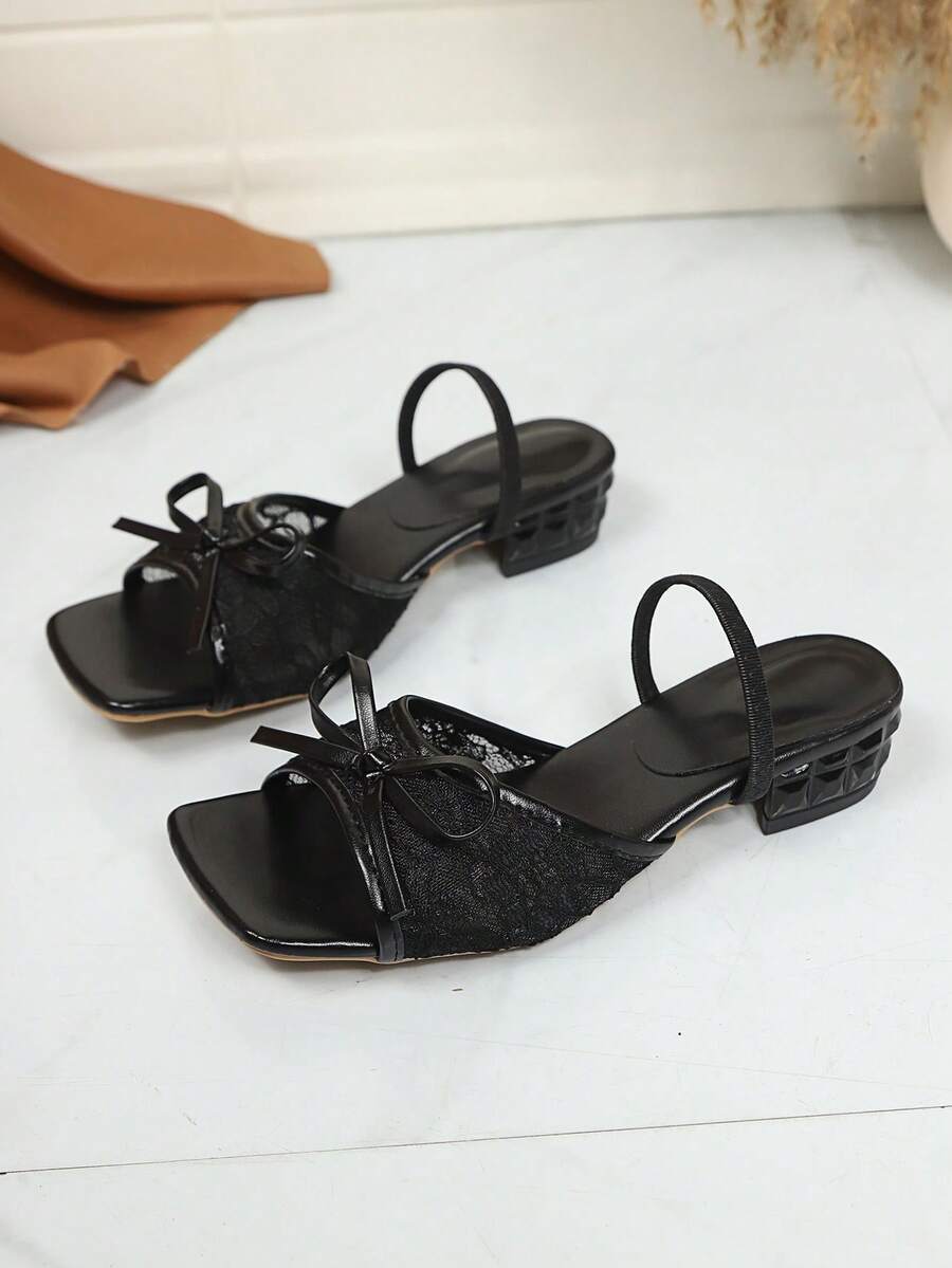 Square toe thin heel thong sandals for women featuring an open toe, bowknot detail, and slip-on slingback design.