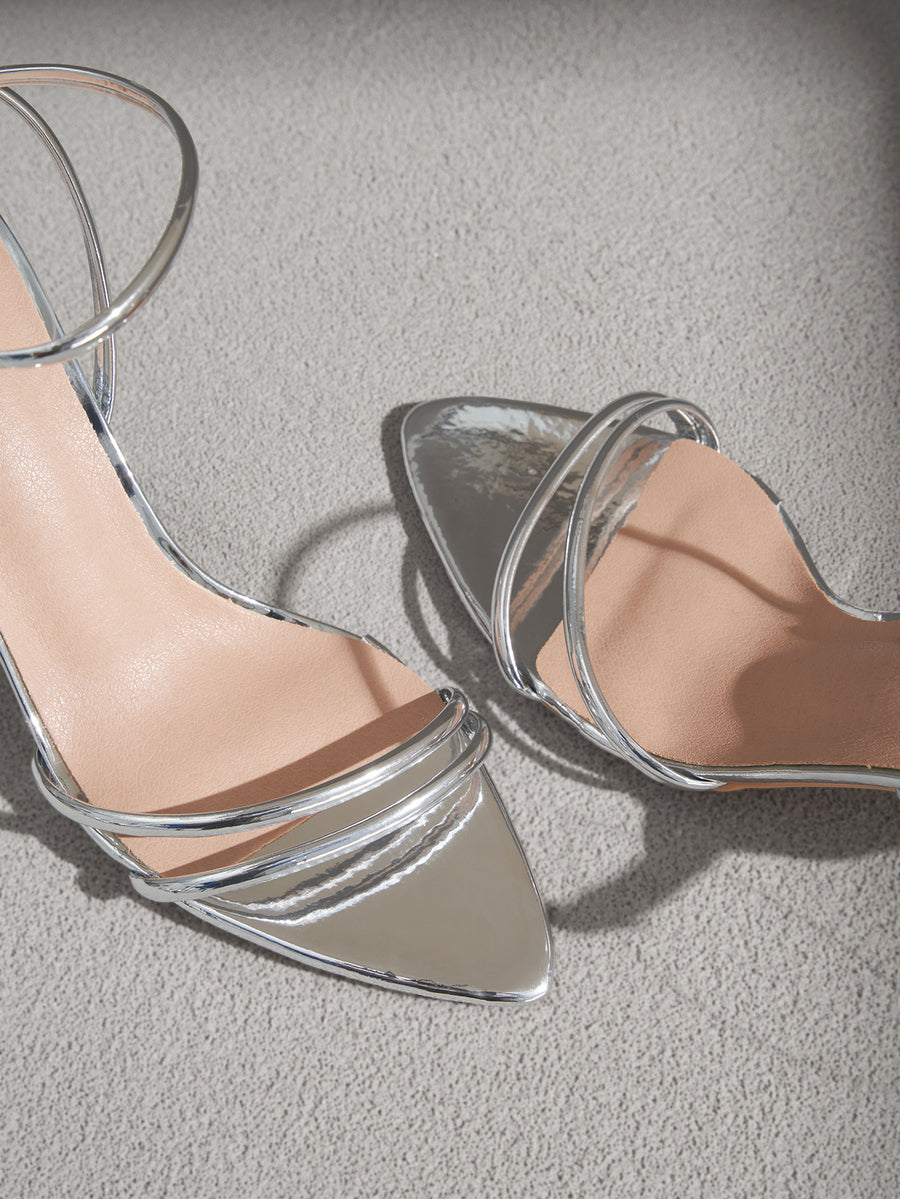Women's pointed toe stiletto high heel sandals with adjustable ankle strap buckle closure for party and wedding occasions