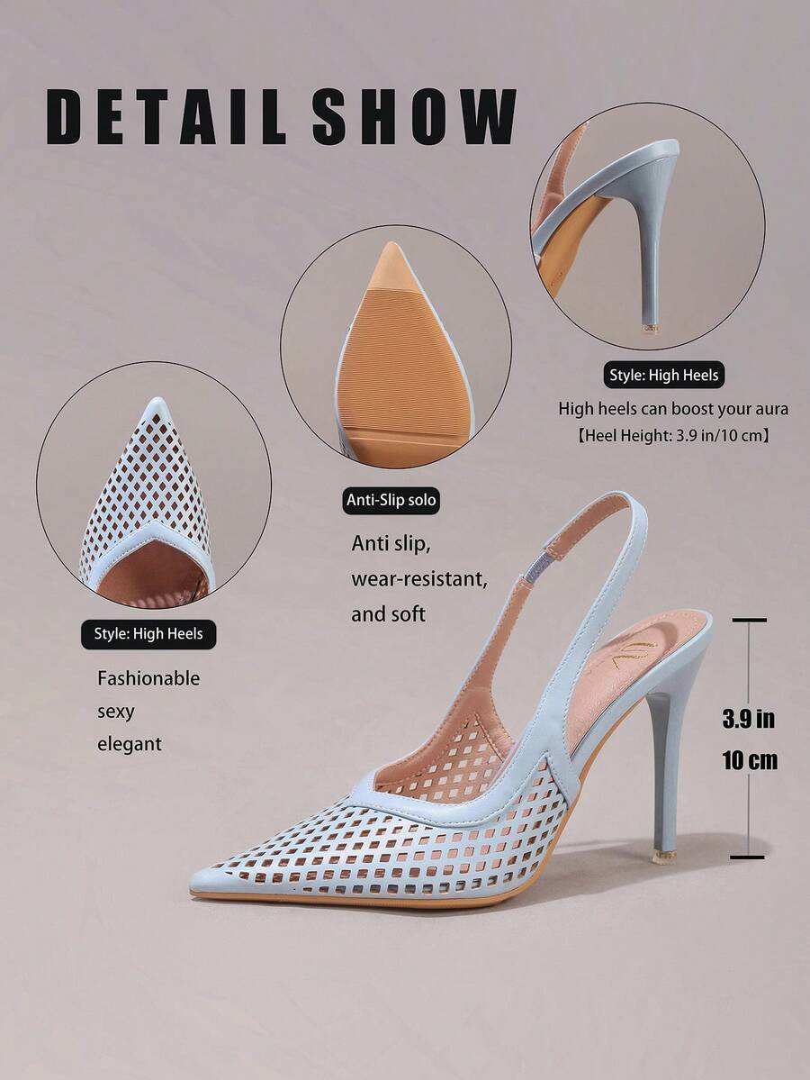 Lace embroidered high heels with thin stiletto heel, pointed toe, rhinestone embellishments, and ankle strap buckle closure.