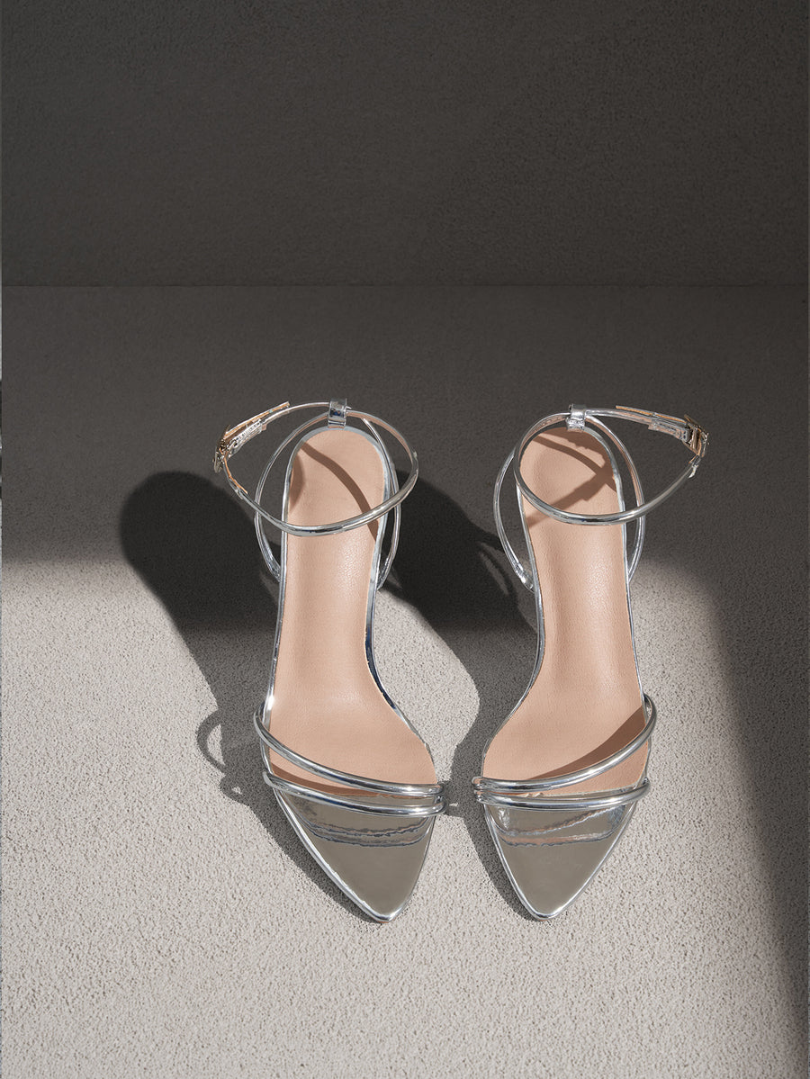 Women's pointed toe stiletto high heel sandals with adjustable ankle strap buckle closure for party and wedding occasions