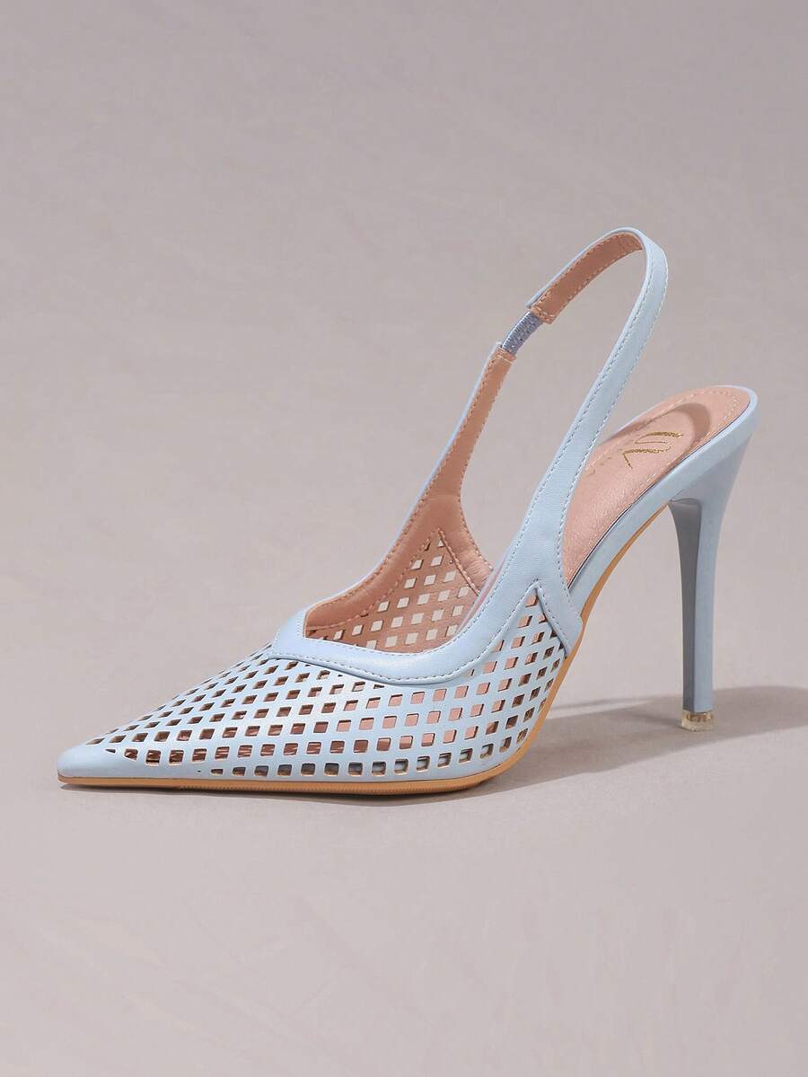 Lace embroidered high heels with thin stiletto heel, pointed toe, rhinestone embellishments, and ankle strap buckle closure.