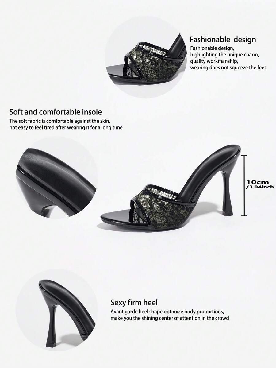 Women's black open toe stiletto heel sandals featuring lace mesh detailing, wide strap styling, and high stiletto heels.