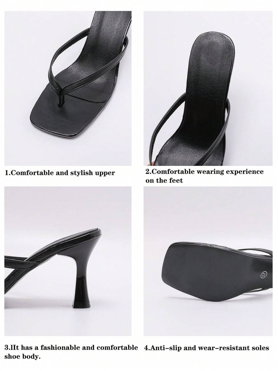 Women's open square toe high heel thong sandals with a sleek slip-on strap and stiletto heel.