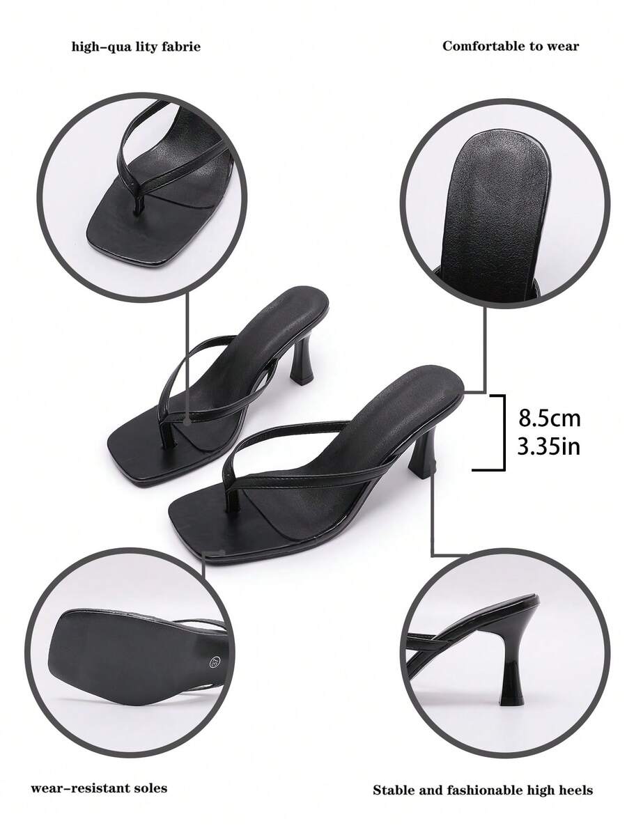 Women's open square toe high heel thong sandals with a sleek slip-on strap and stiletto heel.