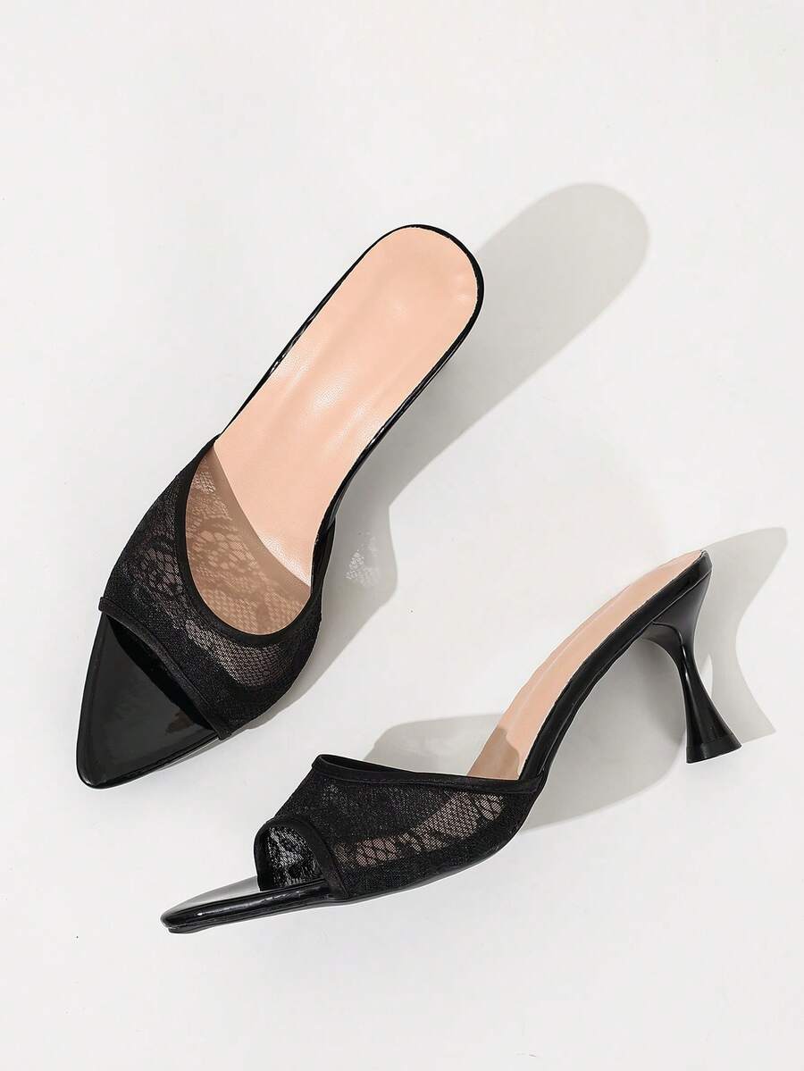 Women's black open toe mesh slide sandals with bowknot detail and stiletto heels