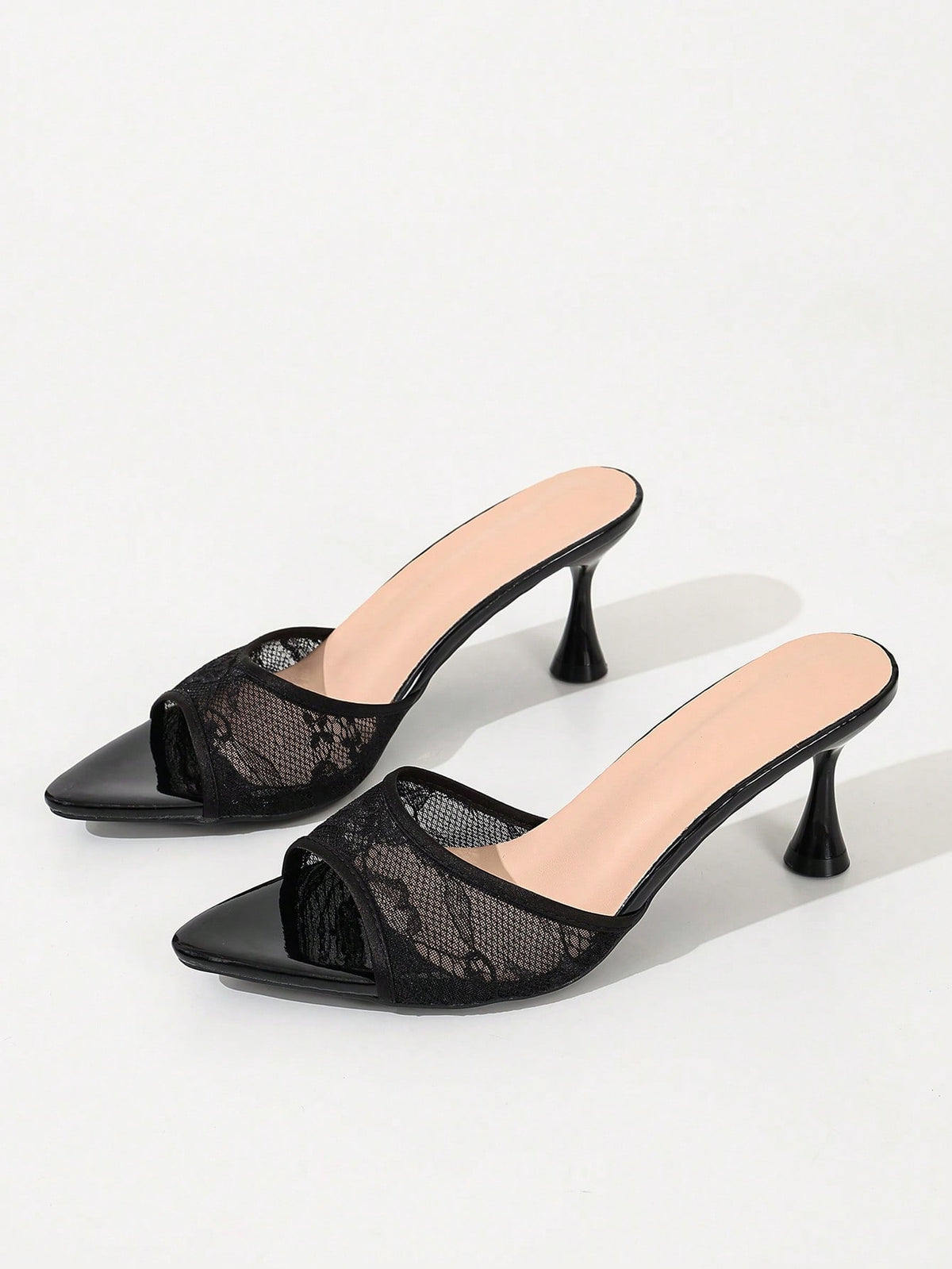 Women's black open toe mesh slide sandals with bowknot detail and stiletto heels