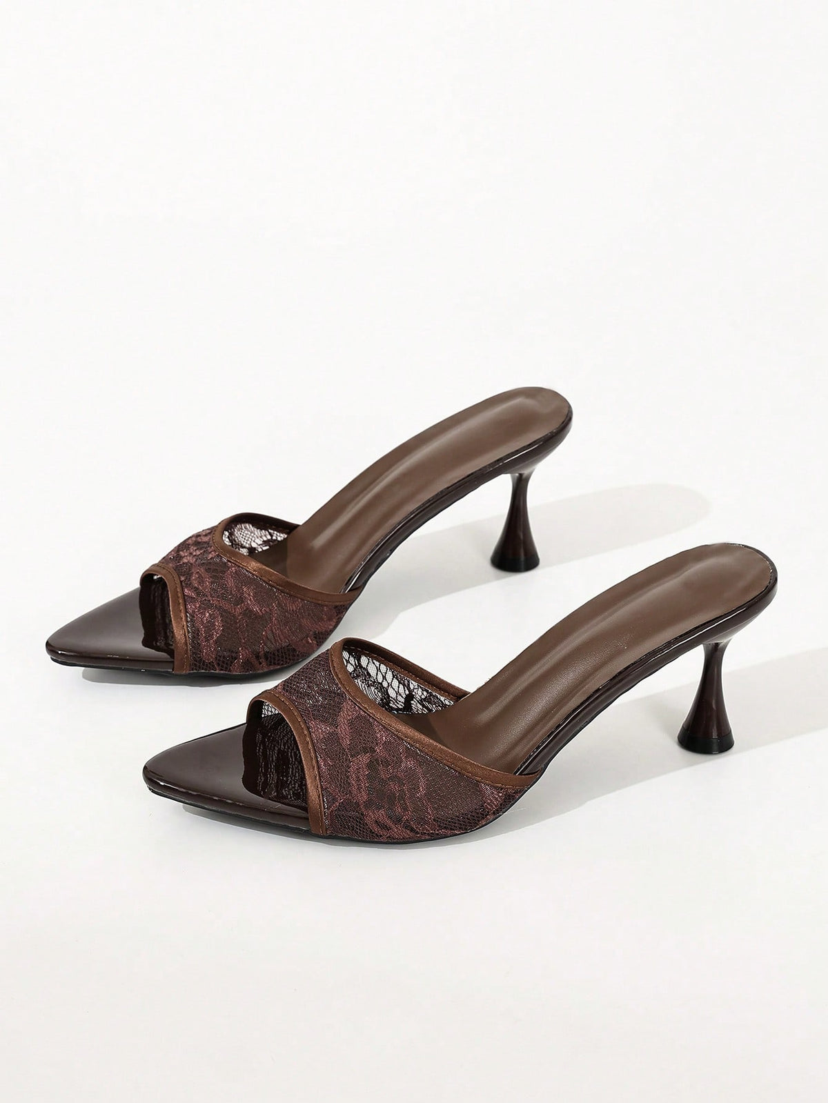 Women's black open toe mesh slide sandals with bowknot detail and stiletto heels