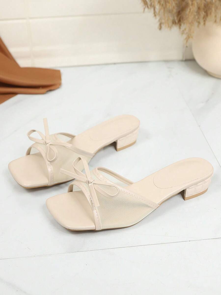 Square toe thin heel thong sandals for women featuring an open toe, bowknot detail, and slip-on slingback design.