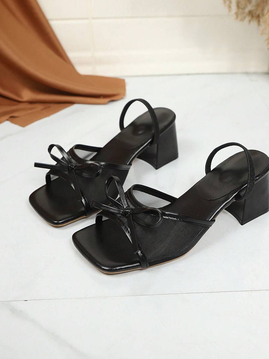 Square toe thin heel thong sandals for women featuring an open toe, bowknot detail, and slip-on slingback design.