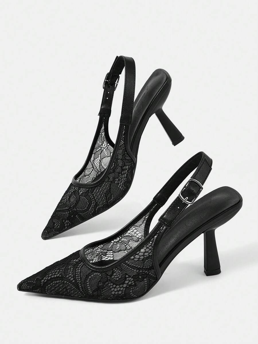 Pointed toe stiletto high heel pumps featuring black lace mesh upper, buckle slingback detail, and sleek slip-on design for weddings and evening wear.