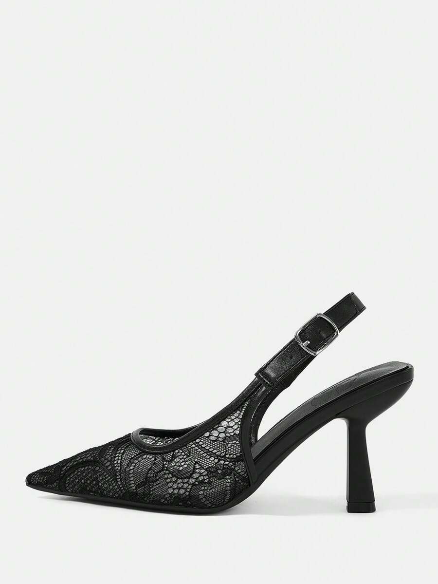 Pointed toe stiletto high heel pumps featuring black lace mesh upper, buckle slingback detail, and sleek slip-on design for weddings and evening wear.