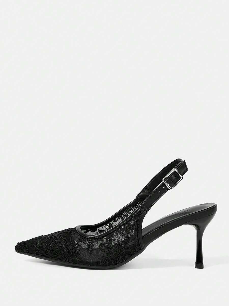 Pointed toe stiletto high heel pumps featuring black lace mesh upper, buckle slingback detail, and sleek slip-on design for weddings and evening wear.