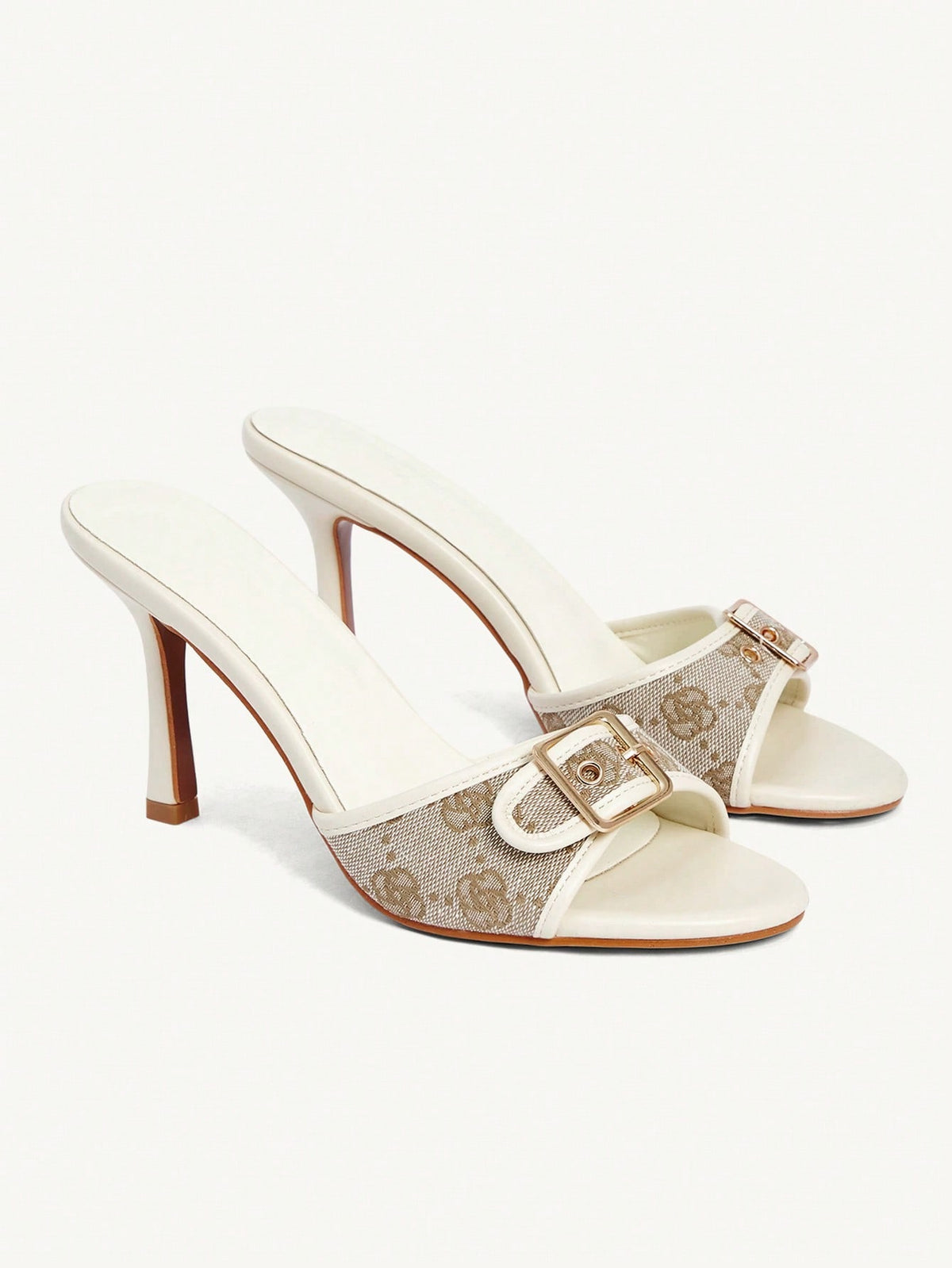 Women's black open round toe high heel slippers featuring mesh stitching, grommet buckle strap, and stiletto heel.