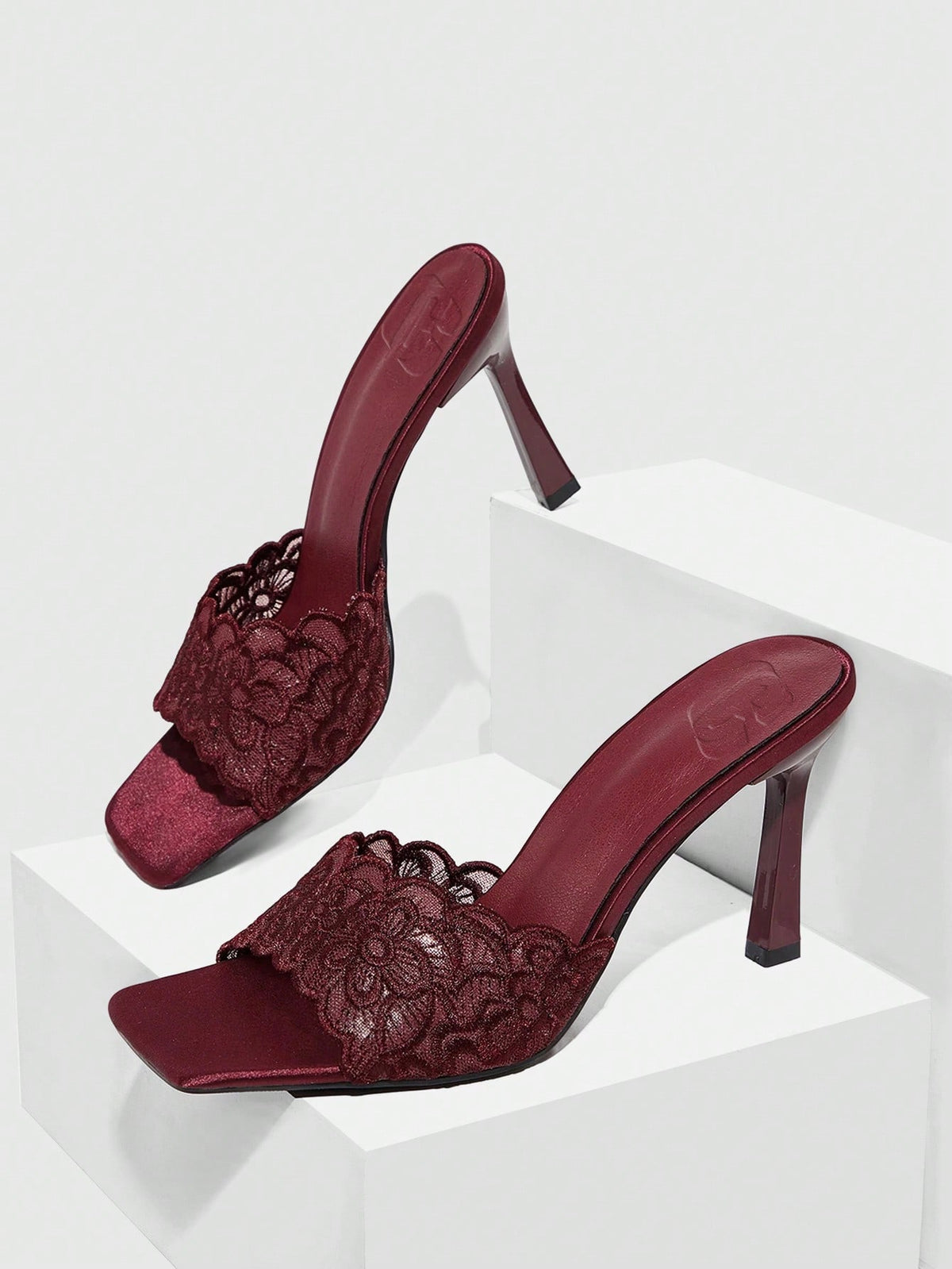 Women's square toe stiletto high heel slide sandals featuring contrast mesh embroidery and an open-toe backless design.