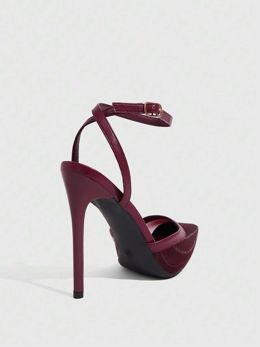 Women's pointed toe high heel shoes featuring breathable mesh detailing, stiletto heel, and adjustable ankle strap with buckle closure.