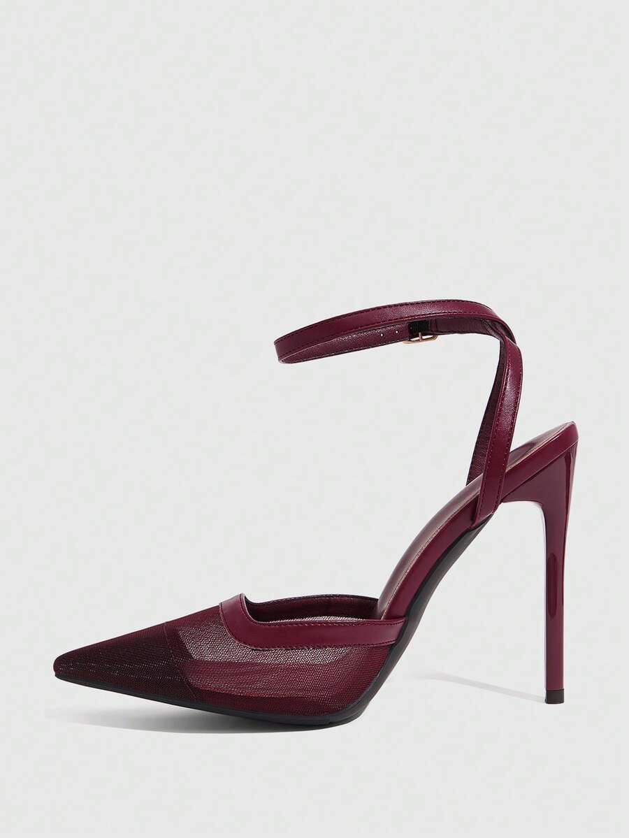 Women's pointed toe high heel shoes featuring breathable mesh detailing, stiletto heel, and adjustable ankle strap with buckle closure.