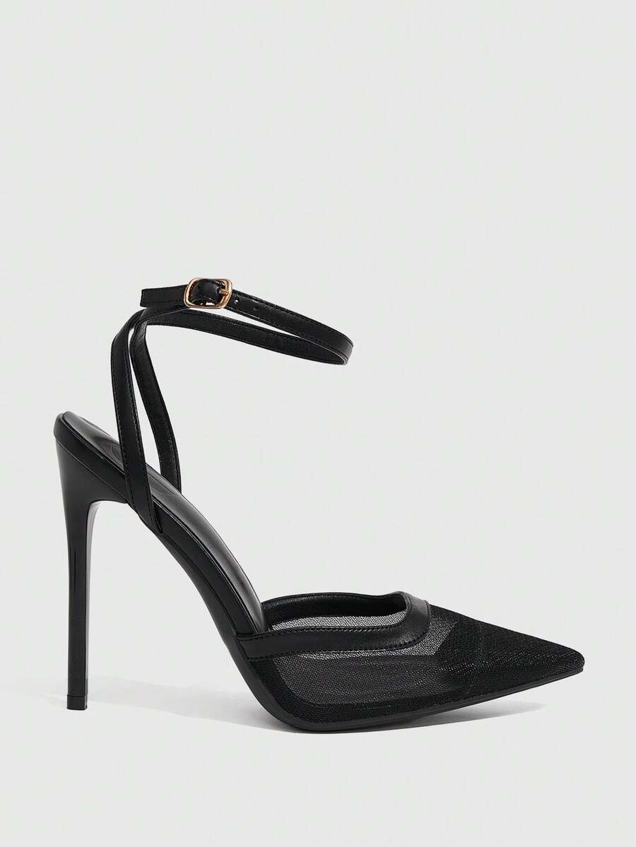 Women's pointed toe high heel shoes featuring breathable mesh detailing, stiletto heel, and adjustable ankle strap with buckle closure.