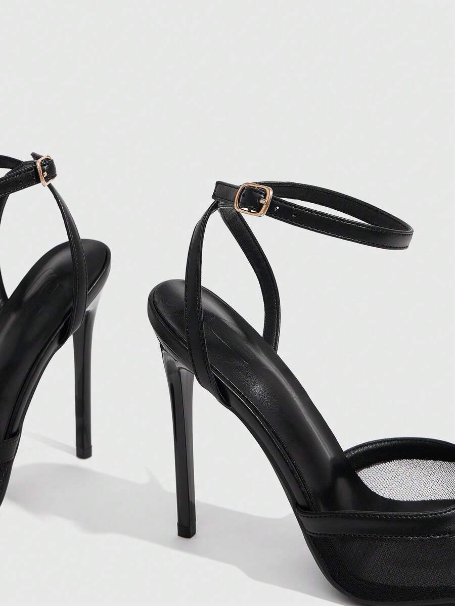 Women's pointed toe high heel shoes featuring breathable mesh detailing, stiletto heel, and adjustable ankle strap with buckle closure.