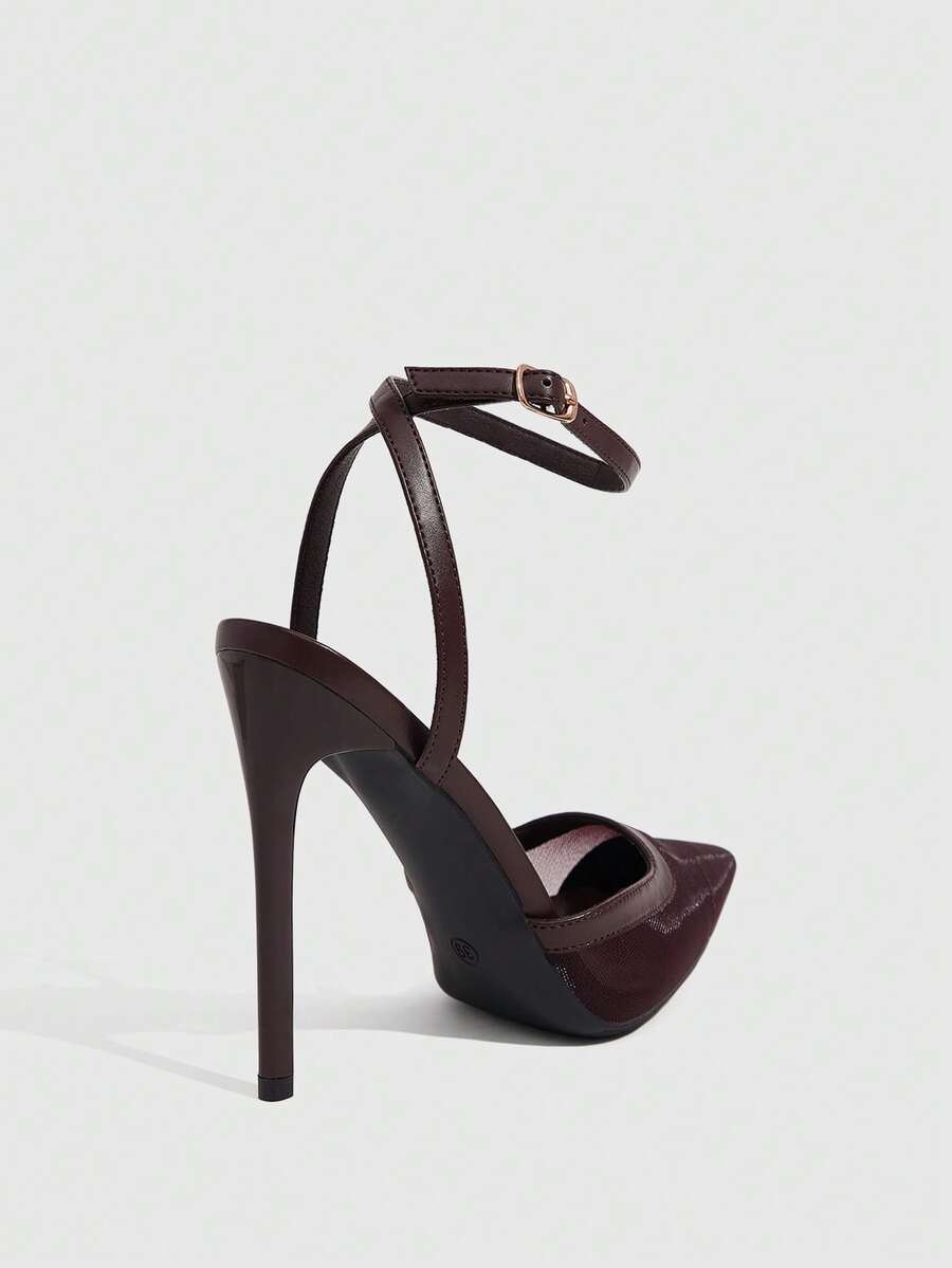 Women's pointed toe high heel shoes featuring breathable mesh detailing, stiletto heel, and adjustable ankle strap with buckle closure.