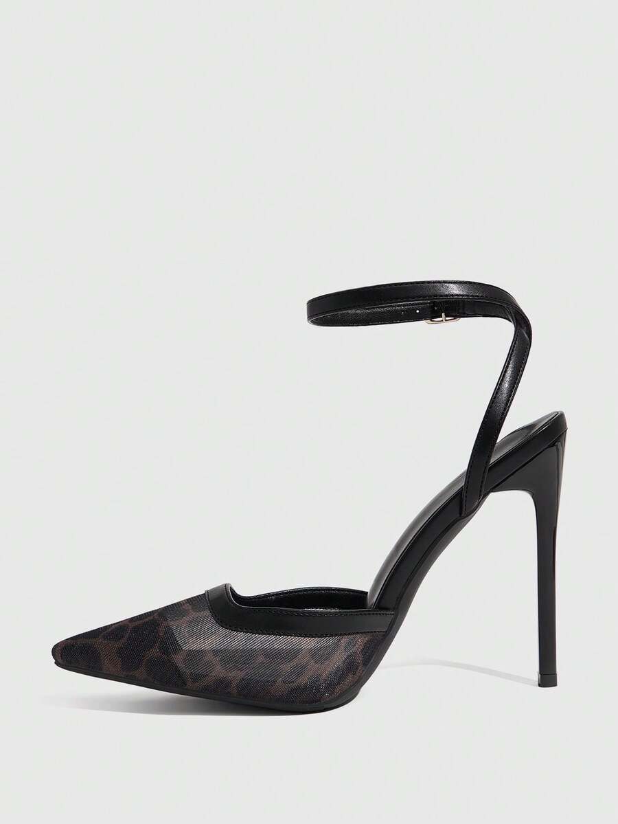 Women's pointed toe high heel shoes featuring breathable mesh detailing, stiletto heel, and adjustable ankle strap with buckle closure.