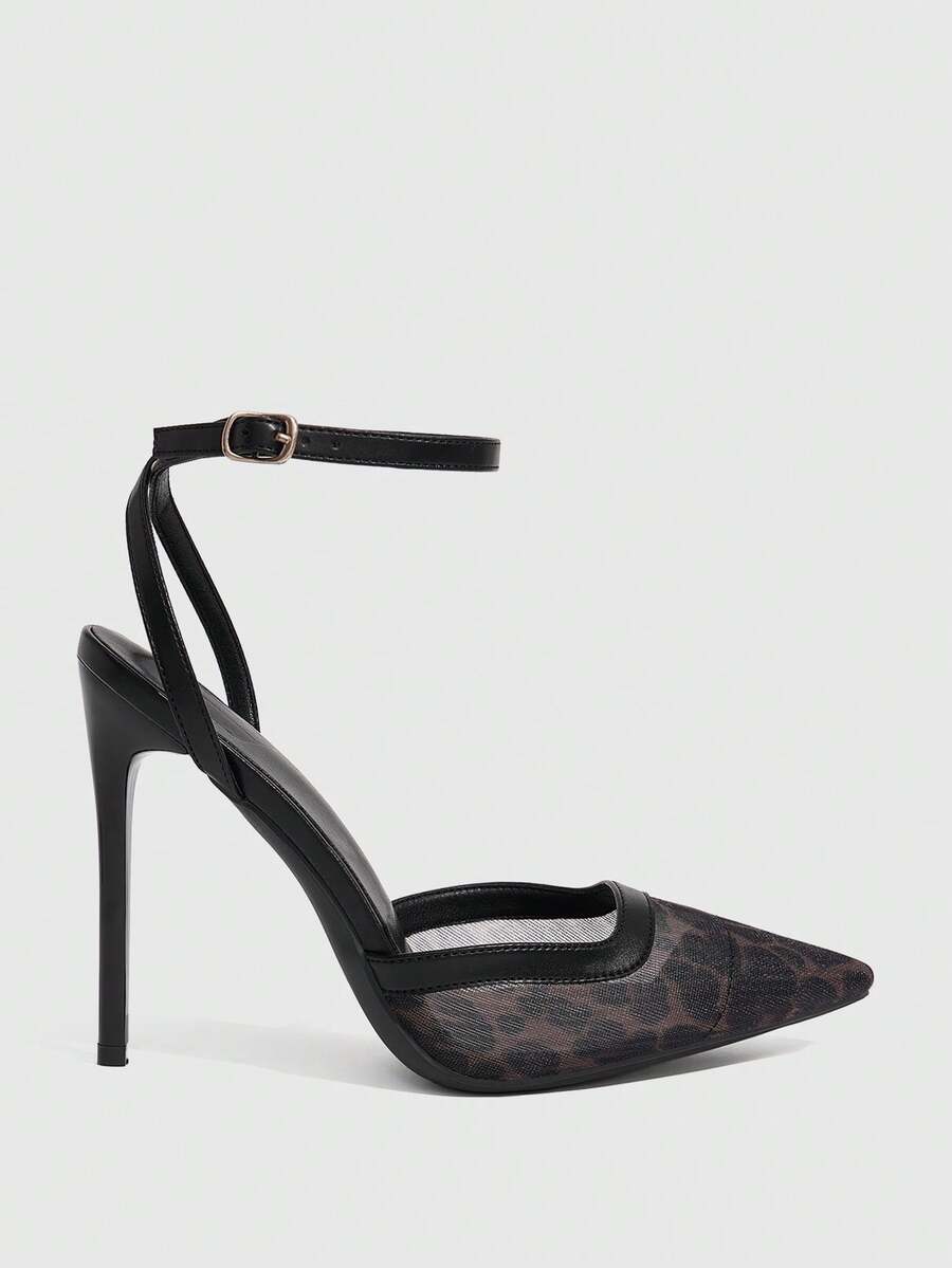 Women's pointed toe high heel shoes featuring breathable mesh detailing, stiletto heel, and adjustable ankle strap with buckle closure.