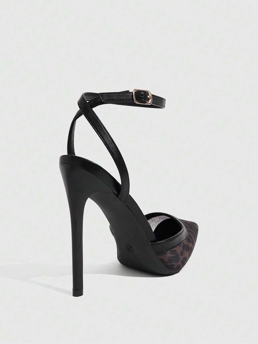 Women's pointed toe high heel shoes featuring breathable mesh detailing, stiletto heel, and adjustable ankle strap with buckle closure.