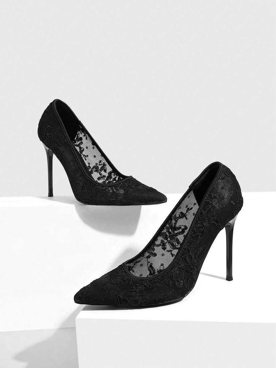 Women's pointed clear lace heels with contrast mesh, floral embroidery, and stiletto high heel with buckle strap.