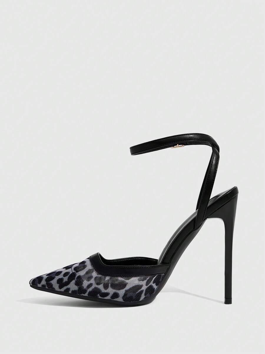 Women's pointed toe high heel shoes featuring breathable mesh detailing, stiletto heel, and adjustable ankle strap with buckle closure.