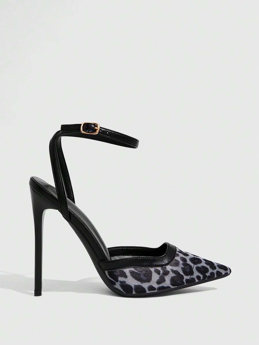 Women's pointed toe high heel shoes featuring breathable mesh detailing, stiletto heel, and adjustable ankle strap with buckle closure.