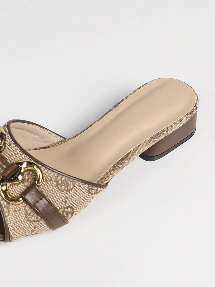 Women's multicolor square toe chunky heel sandals with bohemian textured pattern, canvas upper, and slip-on design.