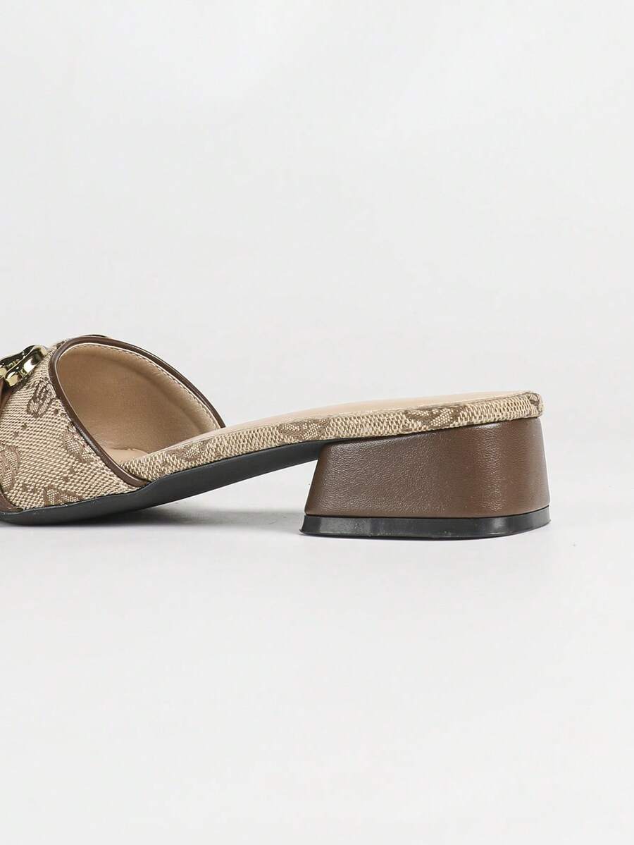 Women's multicolor square toe chunky heel sandals with bohemian textured pattern, canvas upper, and slip-on design.