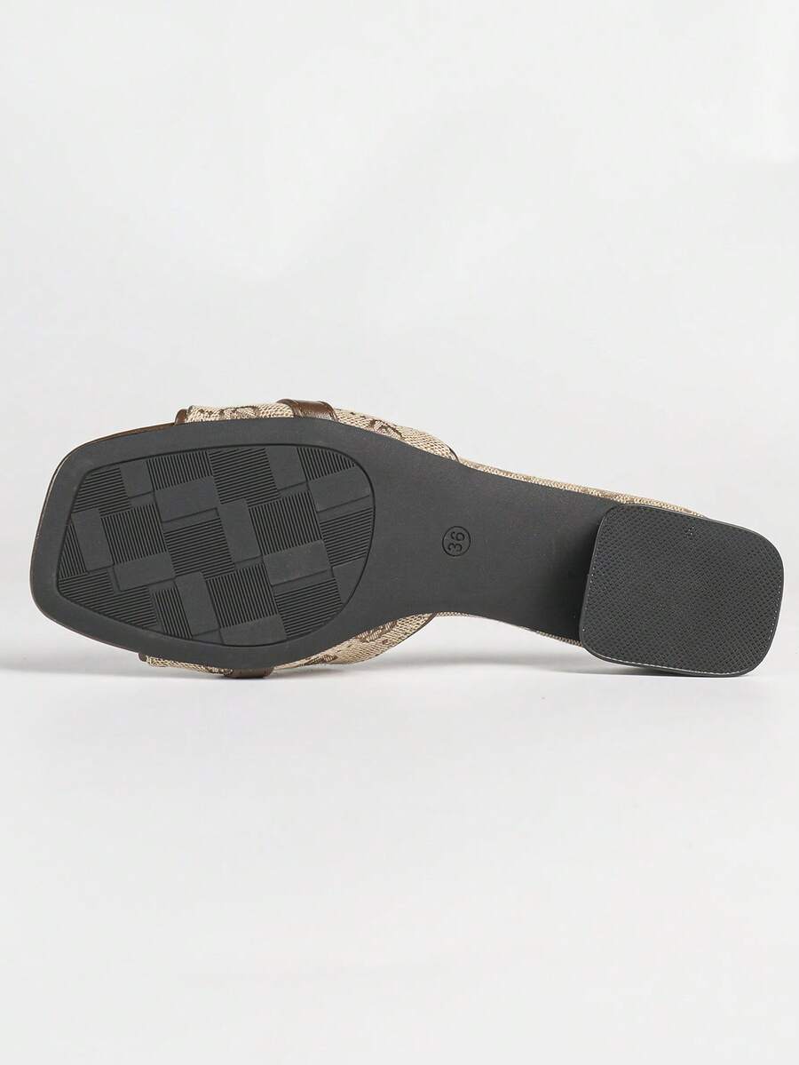 Women's multicolor square toe chunky heel sandals with bohemian textured pattern, canvas upper, and slip-on design.