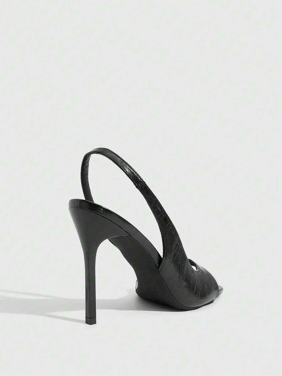 Women's burgundy open toe high heel sandals featuring an embossed finish and slingback strap