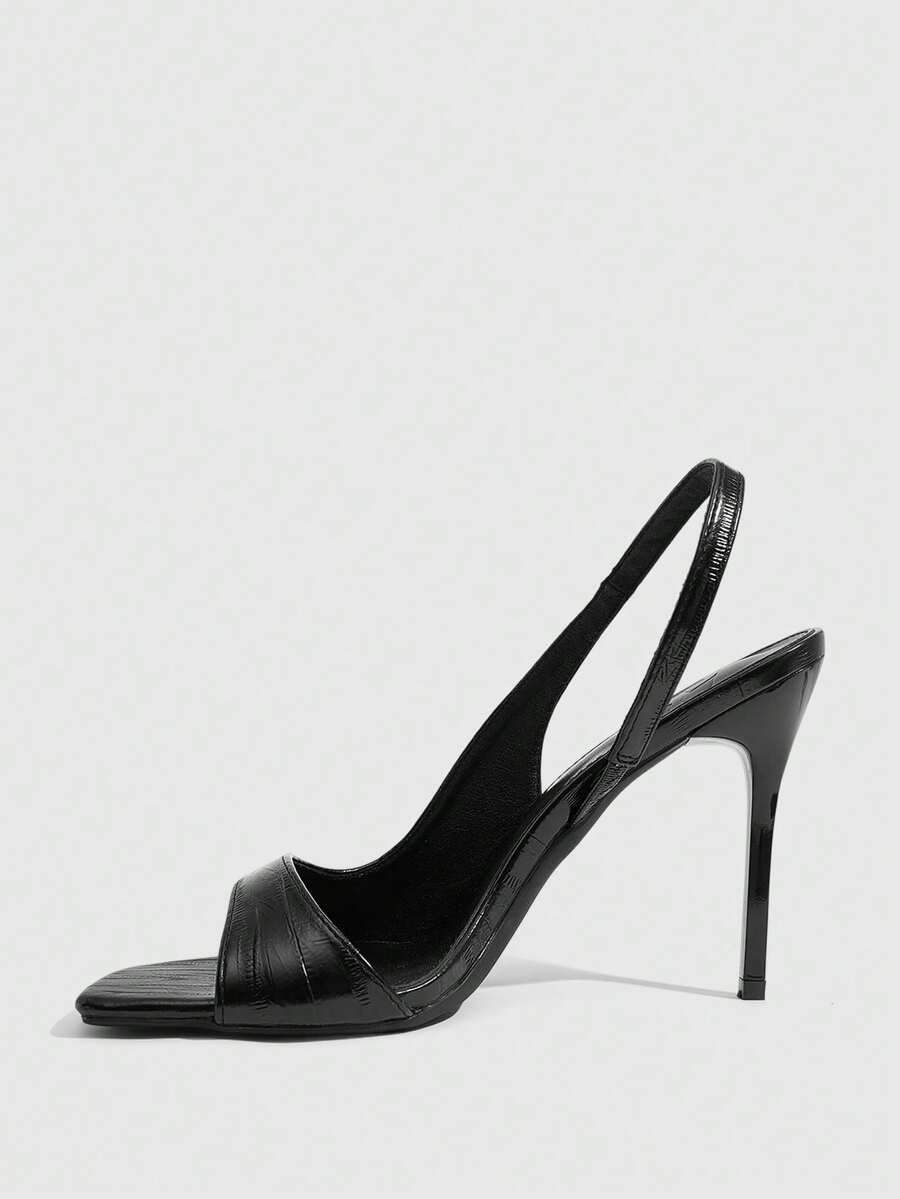 Women's burgundy open toe high heel sandals featuring an embossed finish and slingback strap