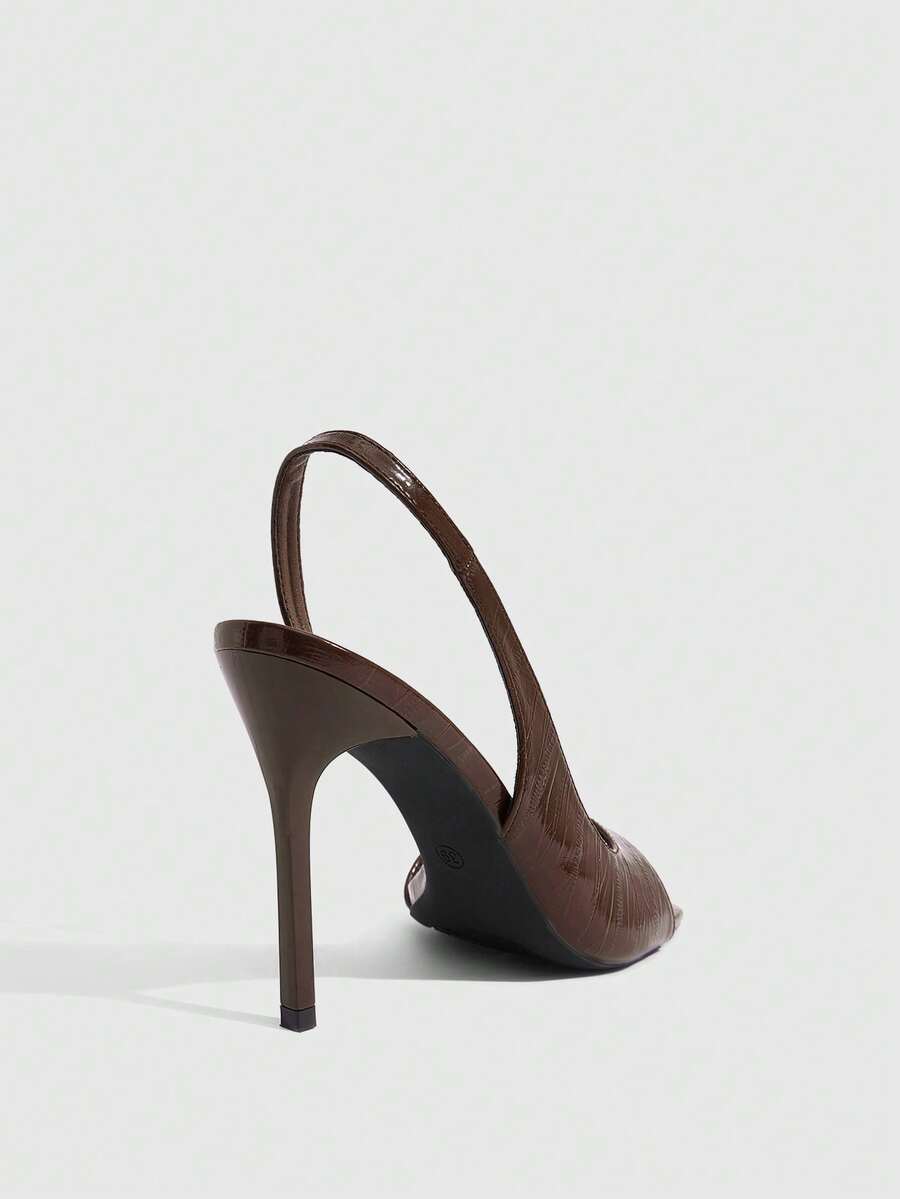 Women's burgundy open toe high heel sandals featuring an embossed finish and slingback strap
