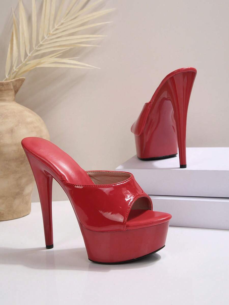 Open toe buckle strap stiletto platform high heel Roman sandals with lace-up straps in black PU leather