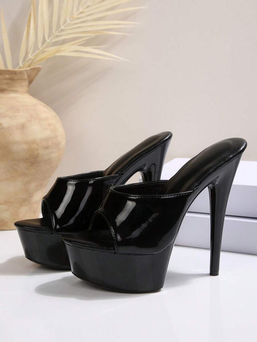 Open toe buckle strap stiletto platform high heel Roman sandals with lace-up straps in black PU leather