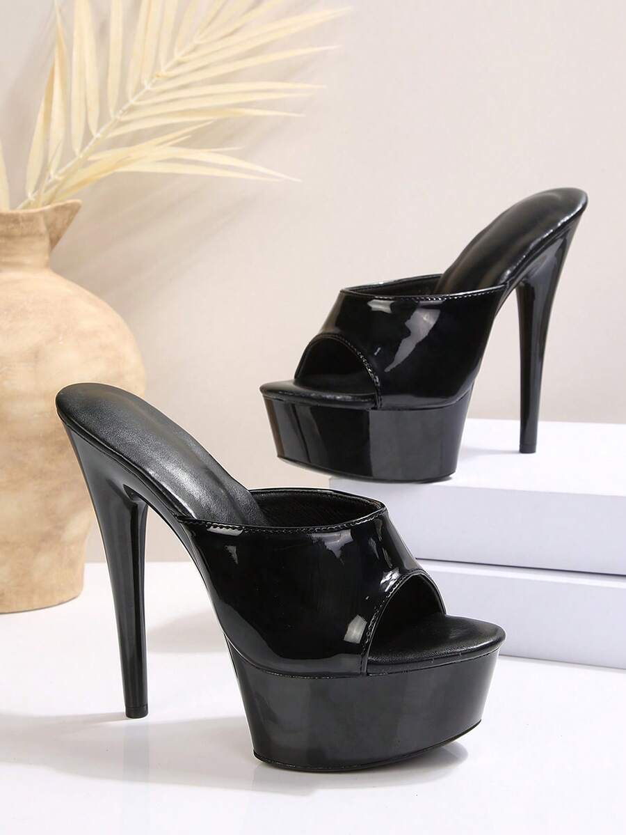 Open toe buckle strap stiletto platform high heel Roman sandals with lace-up straps in black PU leather