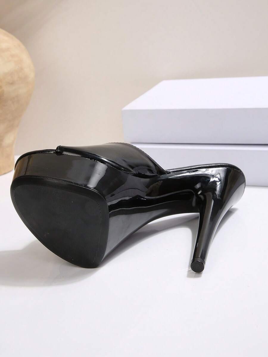 Open toe buckle strap stiletto platform high heel Roman sandals with lace-up straps in black PU leather