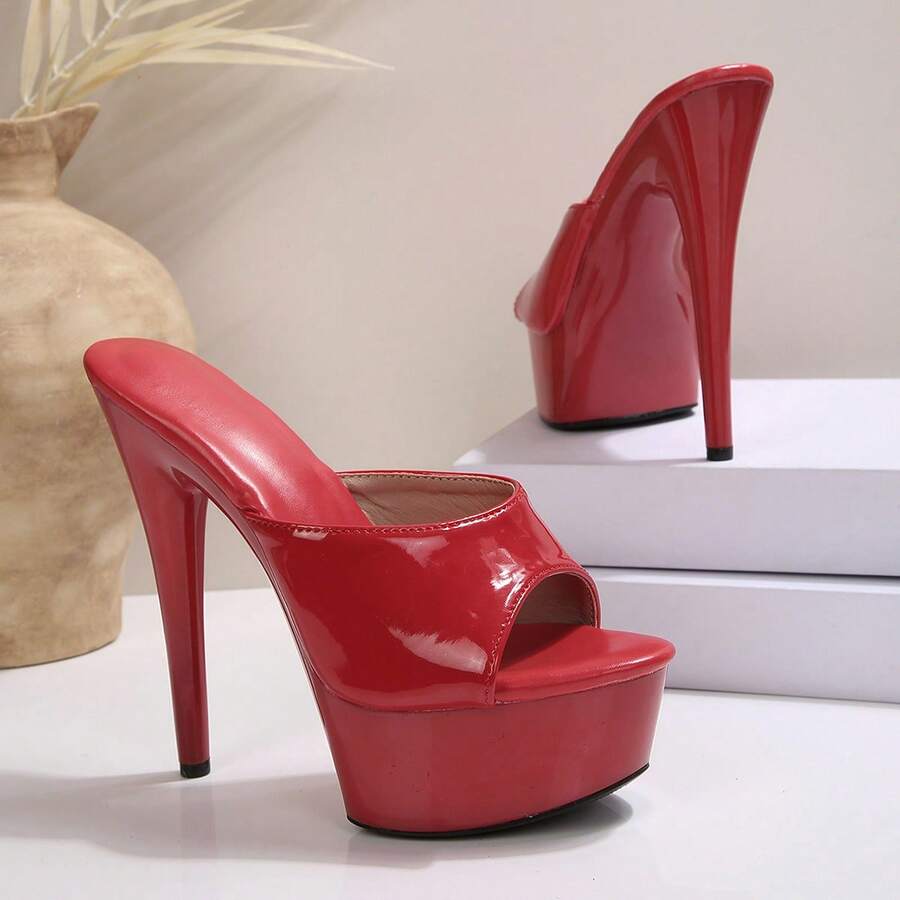 Open toe buckle strap stiletto platform high heel Roman sandals with lace-up straps in black PU leather